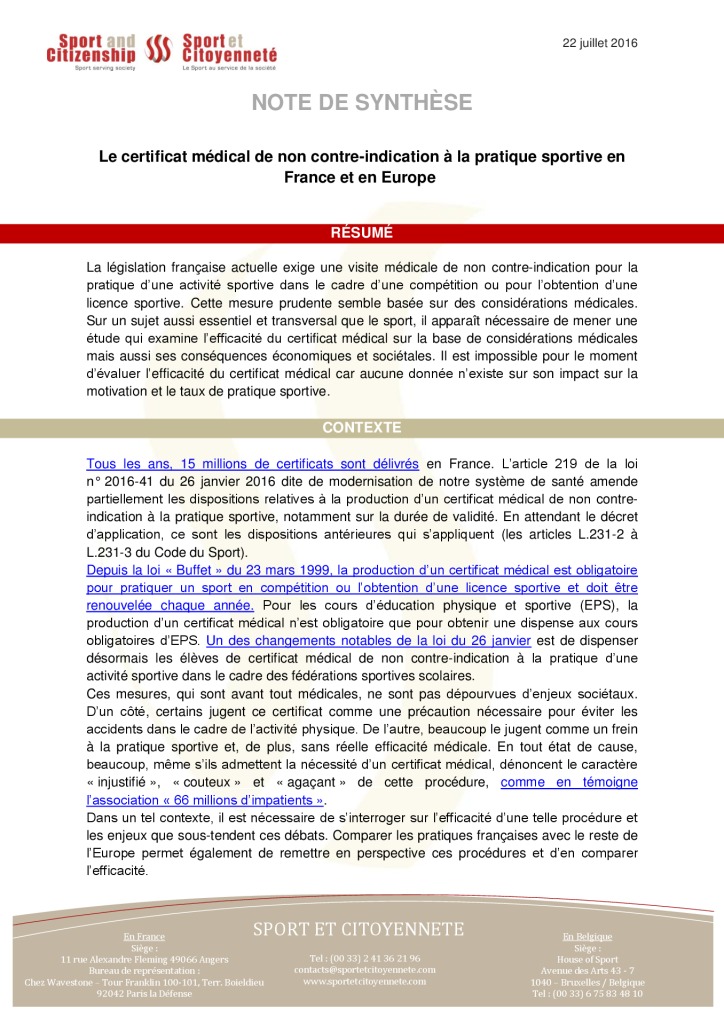 Juillet 2016 – Note relative au certificat médical de non contre-indication à la pratique sportive en France et en Europe