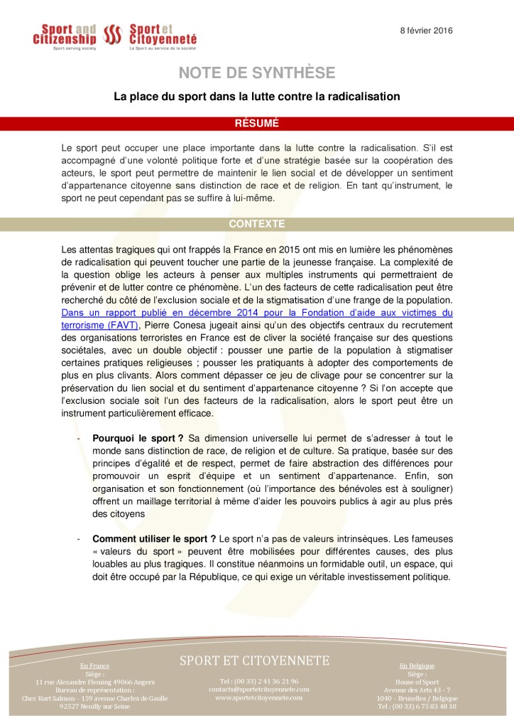 Février 2016 – Note relative à la place du sport dans la lutte contre la radicalisation