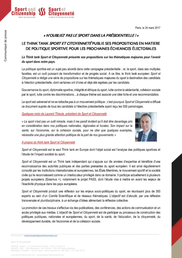 Position du Think tank Sport et Citoyenneté sur la place du sport dans les élections présidentielles