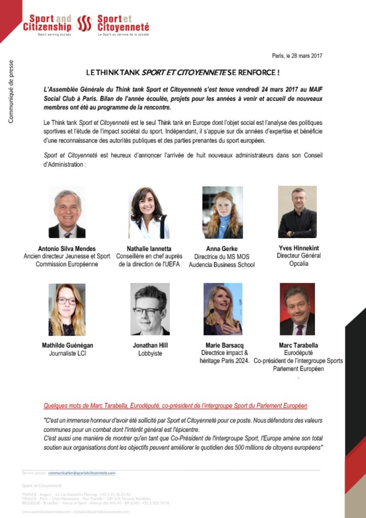 Le Think Tank Sport et Citoyenneté se renforce !