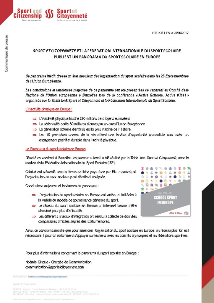 Sport et Citoyenneté et la Fédération Internationale du Sport Scolaire publient un panorama du sport scolaire en Europe