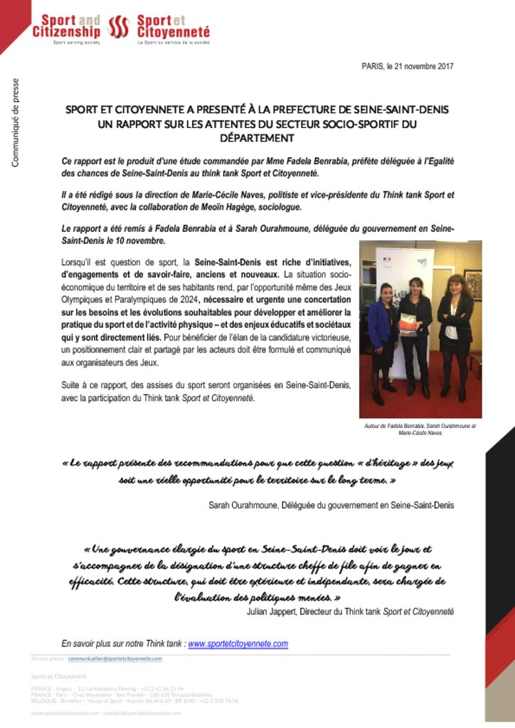 Sport et Citoyenneté a présenté à la préfecture de Seine-Saint-Denis un rapport sur les attentes du secteur socio-sportif du département