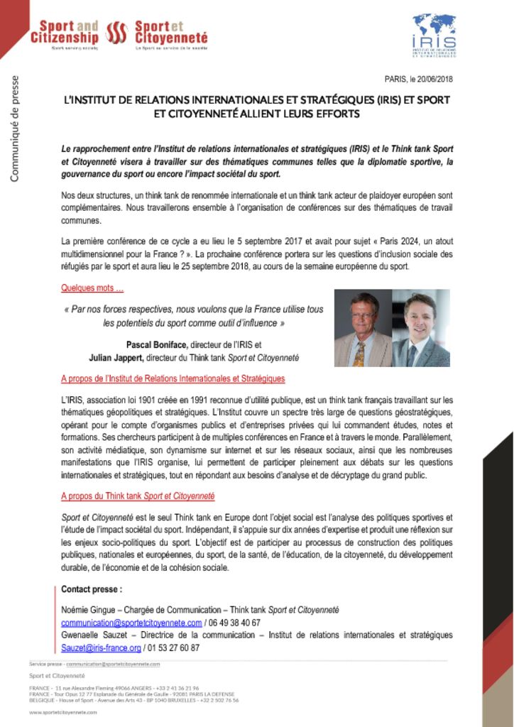 L’institut de Relations Internationales et Stratégiques (IRIS) et Sport et Citoyenneté allient leurs efforts