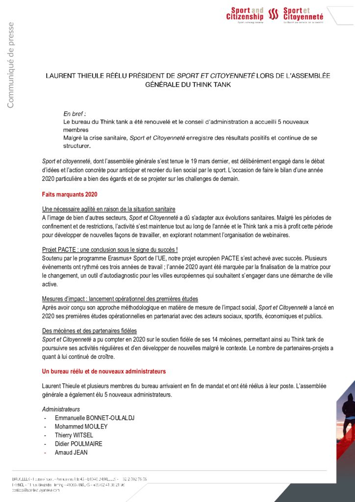 Laurent Thieule réélu président de Sport et Citoyenneté lors de l&rsquo;Assemblée Générale du Think tank
