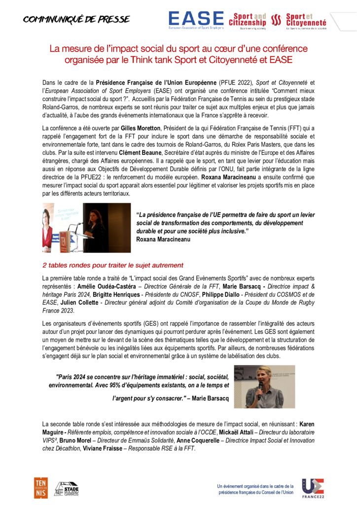 La mesure de l’impact social du sport au cœur d’une conférence organisée par le Think tank Sport et Citoyenneté et EASE